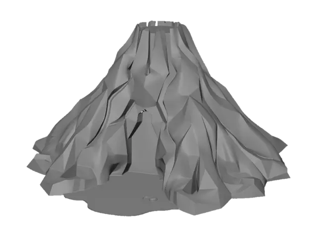 3D model for Create a stylized low-poly volcano for a Roblox game map. Minimalist design, clean geometry, smooth polygon shapes, game-ready asset. Medium-sized volcanic mountain with bright glowing lava flowing down the sides. No smoke, no ash clouds, no fire particles, no eruption. Simple rocky surface with dark volcanic stone materials. Optimized for Roblox, cartoon-style, low detail, low-poly aesthetic, centered model, isolated asset, high-quality 3D render, clean topology, suitable for children-friendly adventure games. The volcano should look natural but simple, with lava being the main visual focus. No surrounding environment, no trees, no ground plane, transparent background.