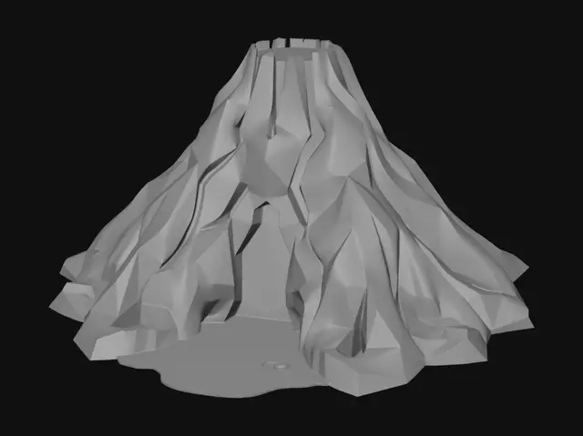 3D model for Create a stylized low-poly volcano for a Roblox game map. Minimalist design, clean geometry, smooth polygon shapes, game-ready asset. Medium-sized volcanic mountain with bright glowing lava flowing down the sides. No smoke, no ash clouds, no fire particles, no eruption. Simple rocky surface with dark volcanic stone materials. Optimized for Roblox, cartoon-style, low detail, low-poly aesthetic, centered model, isolated asset, high-quality 3D render, clean topology, suitable for children-friendly adventure games. The volcano should look natural but simple, with lava being the main visual focus. No surrounding environment, no trees, no ground plane, transparent background.