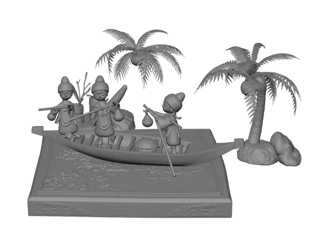 3D model for A Buyi ethnic Liuyueliu festival scene 3D ornament from Guizhou China, square riverside base approximately 120mm square, 4-6 Buyi costume figurines divided into two teams throwing embroidered pouches, bamboo raft on river surface beside them, a palm tree as background, complete festival scene approximately 60mm tall, miniature scene suitable for 3D printing。