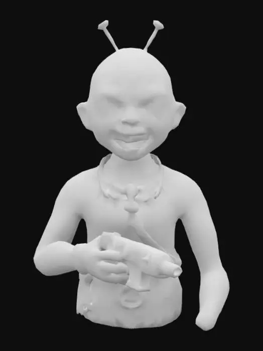 3D model for Ein super perfekt detalierter gelber Alien. Seine Haut sieht wie Leder aus. An den Körperrändern hat er grüne Streifen. Seine Zunge ist grün und er lacht. Sein goldener  Schmuck und sein Gürtel haben viele Verifizierungen. Er trägt eine Läserpistole  am Gürtel. Am Kopf befindet sich eine kleine Antenne.
