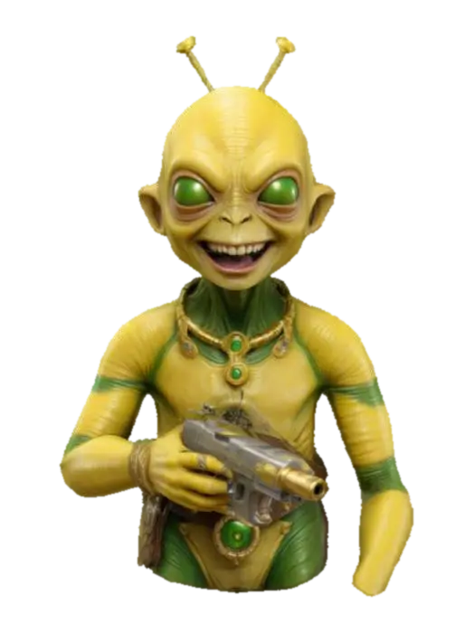Ein super perfekt detalierter gelber Alien. Seine Haut sieht wie Leder aus. An den… - Laughing 3D model, vytvořený pomocí AI