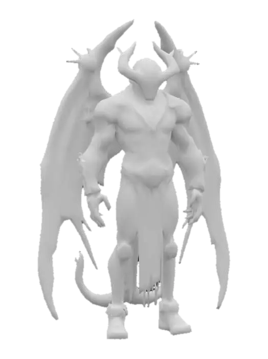 3D model for Ganzkörperaufnahme,  detailreicher, außerirdischer, futuristischer, megagroßer, massiver und massiger männlicher Alien  mit einer halbgottähnlichen Maske mit Ornamenten, mit funkelnden oder leuchtenden Augen, einem futuristischen Hightech-Kampfanzug mit Ornamenten, Stammesgravuren, enormen Flügeln und Düsentriebwerken, riesigen Stacheln, langen Kabeln, Drähten, brennenden Ketten und krummen Tentakeln, umgeben von einem dunklen, technologischen Hintergrund mit Feuer, Flammen, Rauch und leuchtenden Elementen.