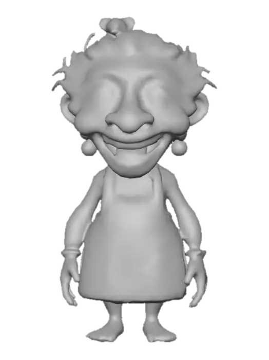 3D model for a whimsical elderly woman character with exaggerated, cartoon-like features. The character has a large, long nose and his face is heavily wrinkled with a wide toothy smile. Her hair is long, wild, and gray, with a mouse perched on it. She has large, expressive eyes and wears a colorful, patchwork dress with a white apron. The dress has various colorful squares and pockets, including a pocket containing a small purple mouse. She also wears polka dot green fangs on her feet.#disney Adventure#