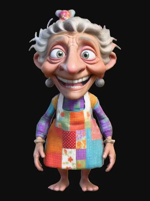 3D model for a whimsical elderly woman character with exaggerated, cartoon-like features. The character has a large, long nose and his face is heavily wrinkled with a wide toothy smile. Her hair is long, wild, and gray, with a mouse perched on it. She has large, expressive eyes and wears a colorful, patchwork dress with a white apron. The dress has various colorful squares and pockets, including a pocket containing a small purple mouse. She also wears polka dot green fangs on her feet.#disney Adventure#