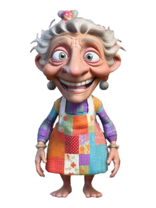 3D model for a whimsical elderly woman character with exaggerated, cartoon-like features. The character has a large, long nose and his face is heavily wrinkled with a wide toothy smile. Her hair is long, wild, and gray, with a mouse perched on it. She has large, expressive eyes and wears a colorful, patchwork dress with a white apron. The dress has various colorful squares and pockets, including a pocket containing a small purple mouse. She also wears polka dot green fangs on her feet.#disney Adventure#