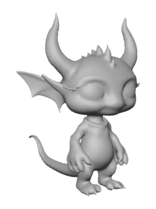 3D model for Ein super perfekt detalierter roter Alien mit grünen Augen.  Seine Haut sieht aus wie Fell. Seine Ohren sehen wie Fledermausflügel aus. Die haben einen grünen Rand.  Er trägt eine goldene Perlenkette. Sein Schwanz hat einen Puschel. Am Kopf trägt er gebogene Hörner.