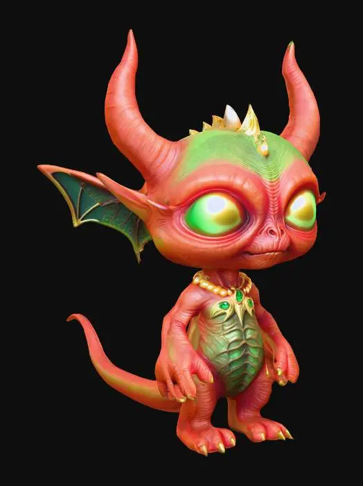 3D model for Ein super perfekt detalierter roter Alien mit grünen Augen. Seine Haut sieht aus wie Fell. Seine Ohren sehen wie Fledermausflügel aus. Die haben einen grünen Rand. Er trägt eine goldene Perlenkette. Sein Schwanz hat einen Puschel. Am Kopf trägt er gebogene Hörner.