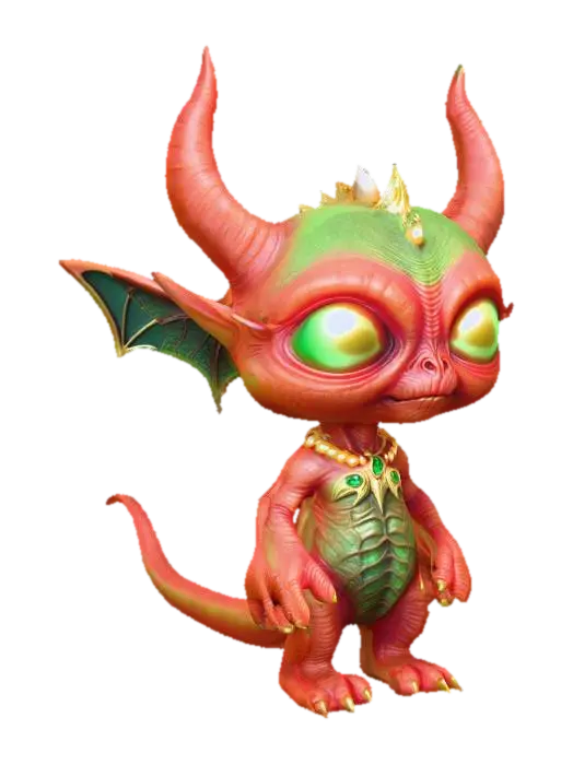 3D model for Ein super perfekt detalierter roter Alien mit grünen Augen.  Seine Haut sieht aus wie Fell. Seine Ohren sehen wie Fledermausflügel aus. Die haben einen grünen Rand.  Er trägt eine goldene Perlenkette. Sein Schwanz hat einen Puschel. Am Kopf trägt er gebogene Hörner.