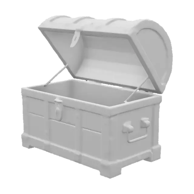 3D model for A large, wooden chest with rusted metal hinges. The lid is slightly open, revealing shredded fabric lining the interior. The wood is cracked and rotting, with small holes where insects have burrowed inside. The metal latch is broken, twisted as if it was forced open in a hurry.