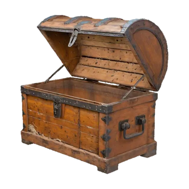 3D model for A large, wooden chest with rusted metal hinges. The lid is slightly open, revealing shredded fabric lining the interior. The wood is cracked and rotting, with small holes where insects have burrowed inside. The metal latch is broken, twisted as if it was forced open in a hurry.