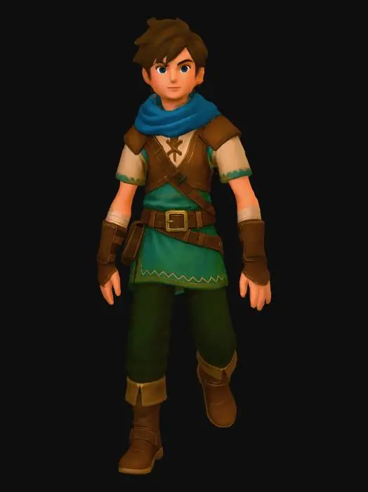 3D model for "Character concept art, young heroic fantasy adventurer for a classic JRPG, standing in a neutral A-pose facing the camera. Stylized PBR 3D rendering style, similar to Dragon Quest 11 or Kena Bridge of Spirits. Vibrant colors, clean shapes. Wearing simple medieval leather armor, a colorful scarf, and carrying a basic short sword on the belt. White background, symmetrical lighting, unreal engine 5 render, high quality --ar 3:4"