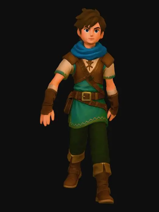 3D model for "Character concept art, young heroic fantasy adventurer for a classic JRPG, standing in a neutral A-pose facing the camera. Stylized PBR 3D rendering style, similar to Dragon Quest 11 or Kena Bridge of Spirits. Vibrant colors, clean shapes. Wearing simple medieval leather armor, a colorful scarf, and carrying a basic short sword on the belt. White background, symmetrical lighting, unreal engine 5 render, high quality --ar 3:4"