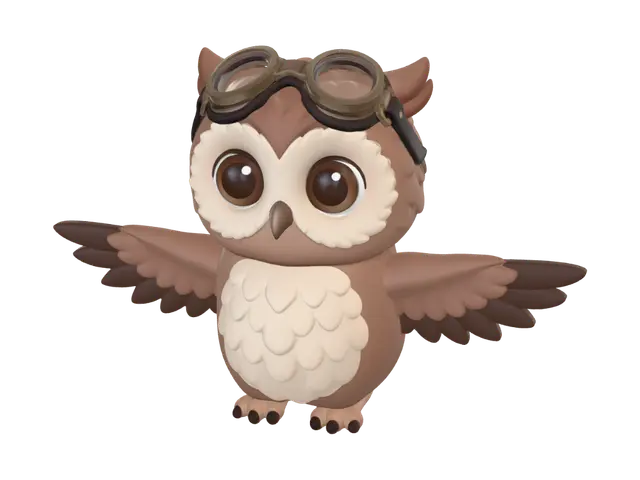A cute cartoon owl character wearing aviator goggles, big round head with large… 3D model, vytvořený pomocí AI