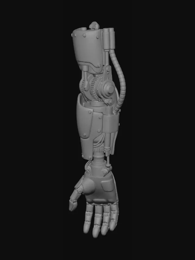 3D model for Ruka mechanického androida, vyrobena z kovu i plastu, viditelné mechanické části.