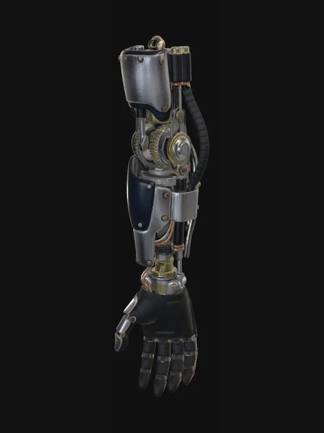 3D model for Ruka mechanického androida, vyrobena z kovu i plastu, viditelné mechanické části.