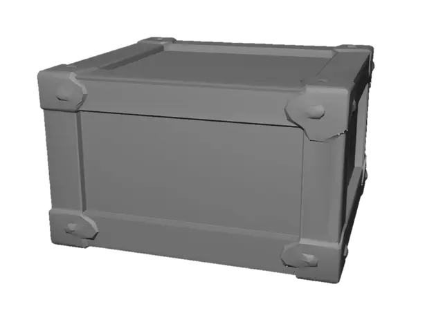 3D model for A stylized low-poly wooden cargo box asset for a video game, square crate container, clean hand-painted textures, 3D prop style, beveled edges, sci-fi metal reinforcement brackets on corners, no text, game-ready topology, isolated on a solid gray background. CargoBox