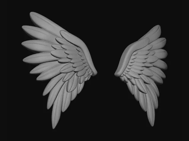 3D model for two separate horizontally spread angel wings with simple and smooth layered feathers. ends of feathers are rounded off, cartoonish style to the wings