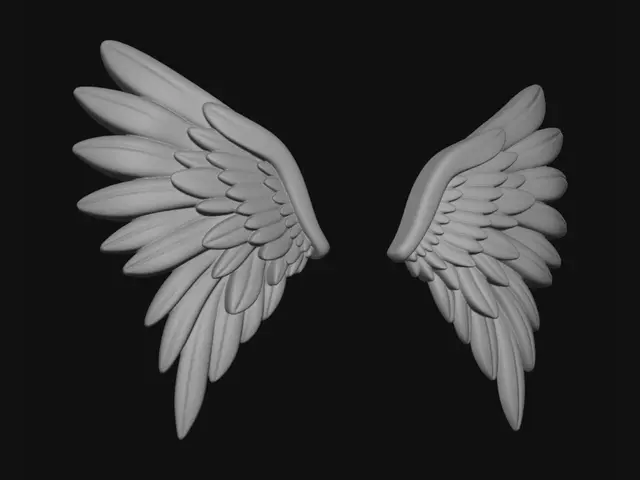 3D model for two separate horizontally spread angel wings with simple and smooth layered feathers. ends of feathers are rounded off, cartoonish style to the wings