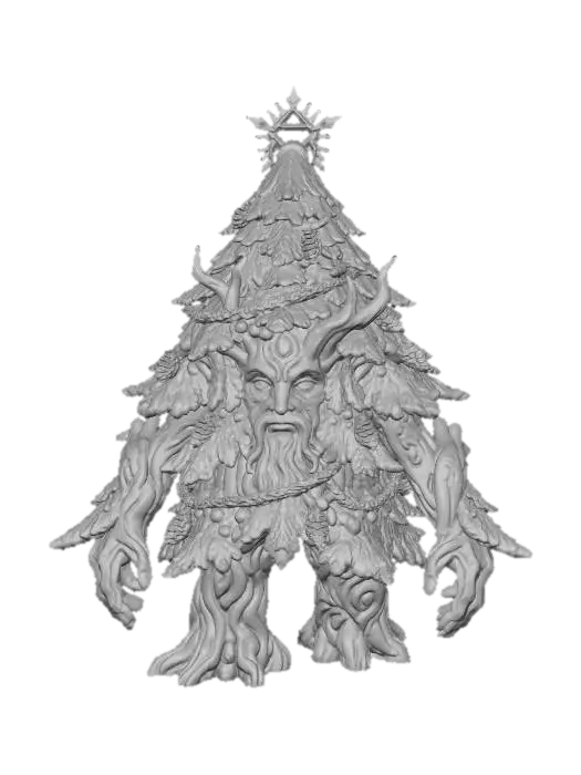 3D model for Massive Christmas Tree Treant, towering evergreen that looks like a real pine when still, dense triangular silhouette. Primary limbs remain close to the body, shaped as thick natural branches that only slightly unfurl when moving, no humanoid arms. Root-fused legs resemble a natural trunk base. Subtle knot-and-bark face with glowing eyes that vanish into bark when closed. Warm inner golden light between branches. Natural decorations: glowing berries, icy pinecones, vine-like tinsel, faint runes. Crowned with a natural star formed from frost-crystal growth and branching twigs. Slight exaggeration for mini readability, full color, smooth enough for 3D printing, clean silhouette, evenly lit.
, #Christmas2025#