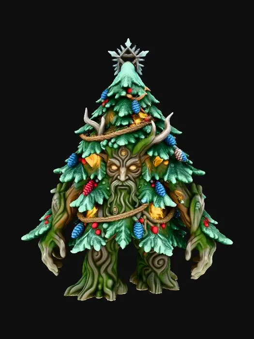 3D model for Massive Christmas Tree Treant, towering evergreen that looks like a real pine when still, dense triangular silhouette. Primary limbs remain close to the body, shaped as thick natural branches that only slightly unfurl when moving, no humanoid arms. Root-fused legs resemble a natural trunk base. Subtle knot-and-bark face with glowing eyes that vanish into bark when closed. Warm inner golden light between branches. Natural decorations: glowing berries, icy pinecones, vine-like tinsel, faint runes. Crowned with a natural star formed from frost-crystal growth and branching twigs. Slight exaggeration for mini readability, full color, smooth enough for 3D printing, clean silhouette, evenly lit.
, #Christmas2025#