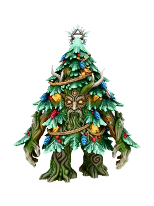 3D model for Massive Christmas Tree Treant, towering evergreen that looks like a real pine when still, dense triangular silhouette. Primary limbs remain close to the body, shaped as thick natural branches that only slightly unfurl when moving, no humanoid arms. Root-fused legs resemble a natural trunk base. Subtle knot-and-bark face with glowing eyes that vanish into bark when closed. Warm inner golden light between branches. Natural decorations: glowing berries, icy pinecones, vine-like tinsel, faint runes. Crowned with a natural star formed from frost-crystal growth and branching twigs. Slight exaggeration for mini readability, full color, smooth enough for 3D printing, clean silhouette, evenly lit.
, #Christmas2025#