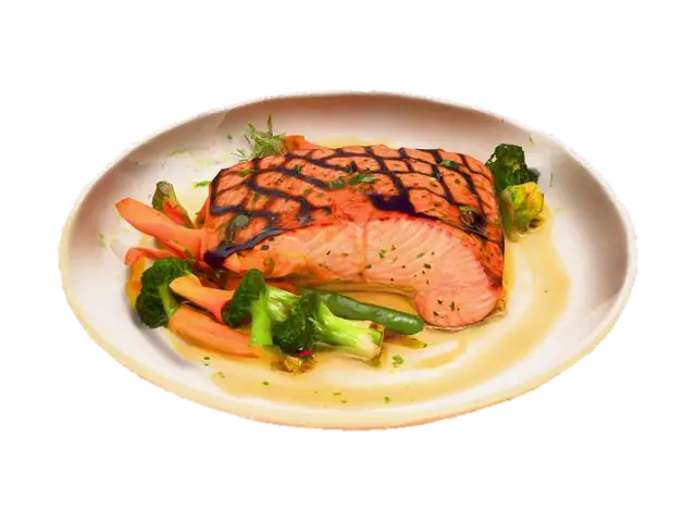 A gourmet lunch plate featuring a perfectly grilled salmon fillet with visible… - Culinary 3D model, vytvořený pomocí AI