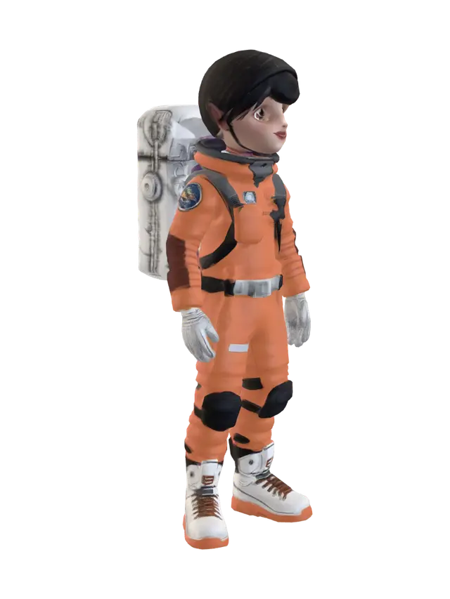 3D model for Create a low-poly game-ready 3D character of "Vipin", a 16-year-old Indian teenage astronaut.

Appearance:
- Indian face
- Short black hair
- Brown eyes
- Athletic but slim body
- Confident and curious expression

Outfit:
- Futuristic white astronaut suit
- Orange and blue accents
- RA1 Space Laboratories logo on chest
- Lightweight backpack
- Small utility belt
- Magnetic boots
- Simple gloves
- Helmet included as separate object

Style:
Stylized semi-realistic
Low poly
Clean topology
Rig-ready humanoid
A-pose
Single mesh
1 material
1024x1024 PBR texture
Around 1800 triangles
Optimized for Godot Engine and low-end Android devices.