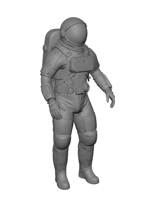 3D model for Realistic Indian astronaut wearing a futuristic white and orange EVA spacesuit with blue illuminated details, oxygen backpack, reflective visor, modular armor plating, realistic proportions, game-ready low poly, clean topology, PBR materials, T-pose, export as GLB for Godot Engine.