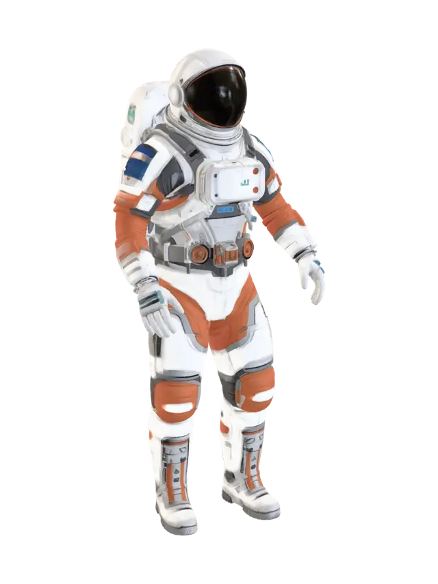 3D model for Realistic Indian astronaut wearing a futuristic white and orange EVA spacesuit with blue illuminated details, oxygen backpack, reflective visor, modular armor plating, realistic proportions, game-ready low poly, clean topology, PBR materials, T-pose, export as GLB for Godot Engine.