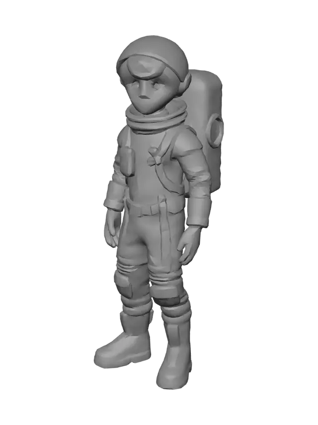 3D model for Create a low-poly game-ready 3D character of "Vipin", a 16-year-old Indian teenage astronaut.

Appearance:
- Indian face
- Short black hair
- Brown eyes
- Athletic but slim body
- Confident and curious expression

Outfit:
- Futuristic white astronaut suit
- Orange and blue accents
- RA1 Space Laboratories logo on chest
- Lightweight backpack
- Small utility belt
- Magnetic boots
- Simple gloves
- Helmet included as separate object

Style:
Stylized semi-realistic
Low poly
Clean topology
Rig-ready humanoid
A-pose
Single mesh
1 material
1024x1024 PBR texture
Around 1800 triangles
Optimized for Godot Engine and low-end Android devices.