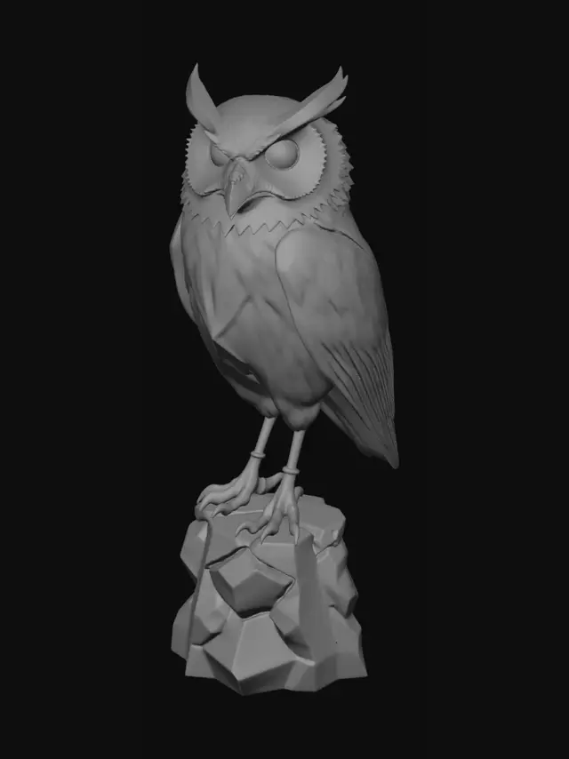 3D model for erstelle eine Lowpoly Eule im Endzeitstil. das ganze sollte 3D druckbar sein und nicht höher wie 15cm sein 
Die Eule soll auf einem Sockel stehen