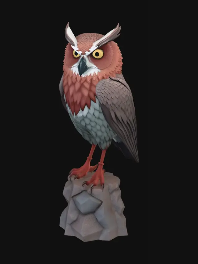 3D model for erstelle eine Lowpoly Eule im Endzeitstil. das ganze sollte 3D druckbar sein und nicht höher wie 15cm sein 
Die Eule soll auf einem Sockel stehen