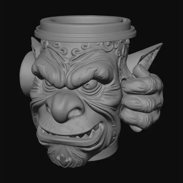 3D model for "A highly detailed 3D model of a functional coffee cup holder. The main body is a sturdy, cylindrical sleeve. The exterior features a hyper-realistic, sculpted face of a fantasy troll emerging from the surface. The troll has deep wrinkles, a large bulbous nose, protruding tusks, and intense, expressive eyes. High-fidelity skin texture with warts and pores. Material: weathered dark bronze or carved ancient stone. Professional 3D sculpt, 8k textures, cinematic lighting, intricate details, ergonomic design."