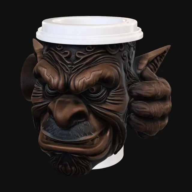 3D model for "A highly detailed 3D model of a functional coffee cup holder. The main body is a sturdy, cylindrical sleeve. The exterior features a hyper-realistic, sculpted face of a fantasy troll emerging from the surface. The troll has deep wrinkles, a large bulbous nose, protruding tusks, and intense, expressive eyes. High-fidelity skin texture with warts and pores. Material: weathered dark bronze or carved ancient stone. Professional 3D sculpt, 8k textures, cinematic lighting, intricate details, ergonomic design."