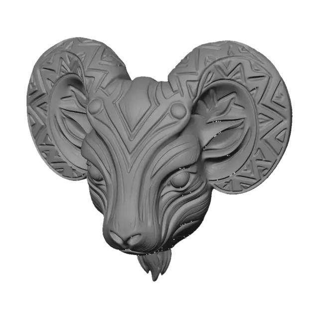 3D model for 一个精美雕刻的公羊头3D模型，造型对称，呈现出深棕色与古铜金色调。其表面光滑，并镶嵌着复杂的几何部落图腾。公羊的角和前额装饰着锯齿形和三角形图案，凹陷处呈现深色阴影，凸起部分则闪耀着光泽，整体造型充满立体感和独特的艺术风格。
