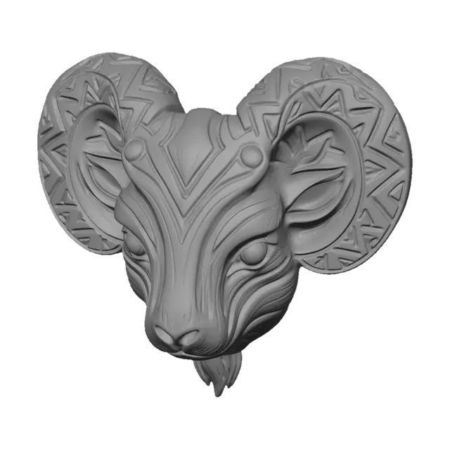3D model for 一个精美雕刻的公羊头3D模型，造型对称，呈现出深棕色与古铜金色调。其表面光滑，并镶嵌着复杂的几何部落图腾。公羊的角和前额装饰着锯齿形和三角形图案，凹陷处呈现深色阴影，凸起部分则闪耀着光泽，整体造型充满立体感和独特的艺术风格。