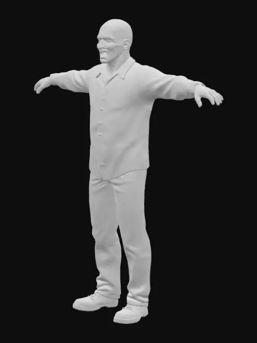3D model for A highly realistic zombie character in T-pose, on a plain white background. The zombie has pale skin, hollow eyes, torn and dirty clothes with light blood stains, looking frightening but not exaggerated. Style inspired by The Walking Dead, Left 4 Dead, and Dying Light zombies.