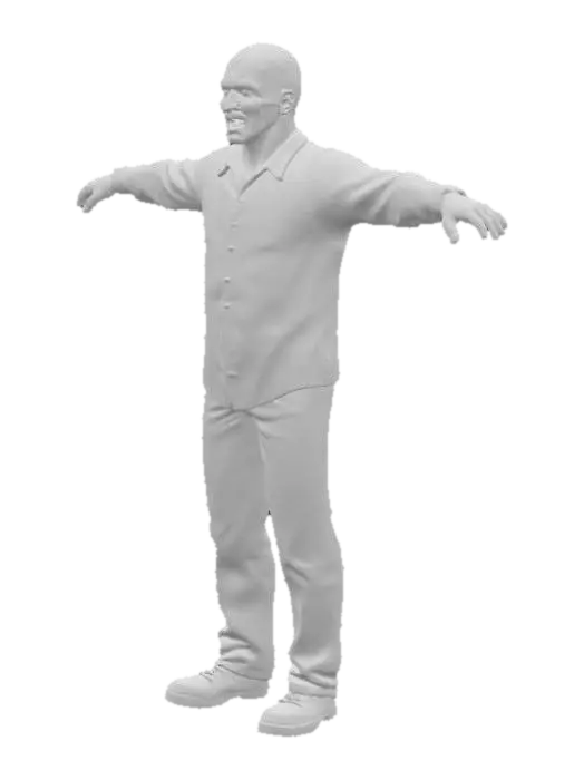 3D model for A highly realistic zombie character in T-pose, on a plain white background. The zombie has pale skin, hollow eyes, torn and dirty clothes with light blood stains, looking frightening but not exaggerated. Style inspired by The Walking Dead, Left 4 Dead, and Dying Light zombies.