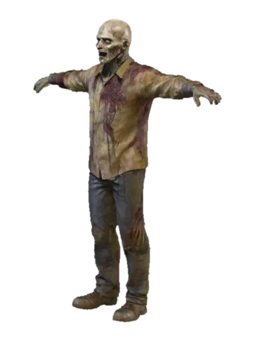3D model for A highly realistic zombie character in T-pose, on a plain white background. The zombie has pale skin, hollow eyes, torn and dirty clothes with light blood stains, looking frightening but not exaggerated. Style inspired by The Walking Dead, Left 4 Dead, and Dying Light zombies.