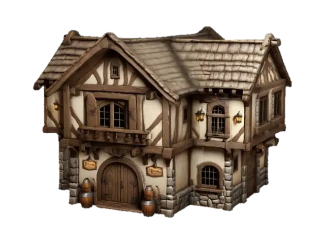 A medieval village tavern. Chibi art style. Highly detailed. Highly stylized. Deeply… 3D model, vytvořený pomocí AI
