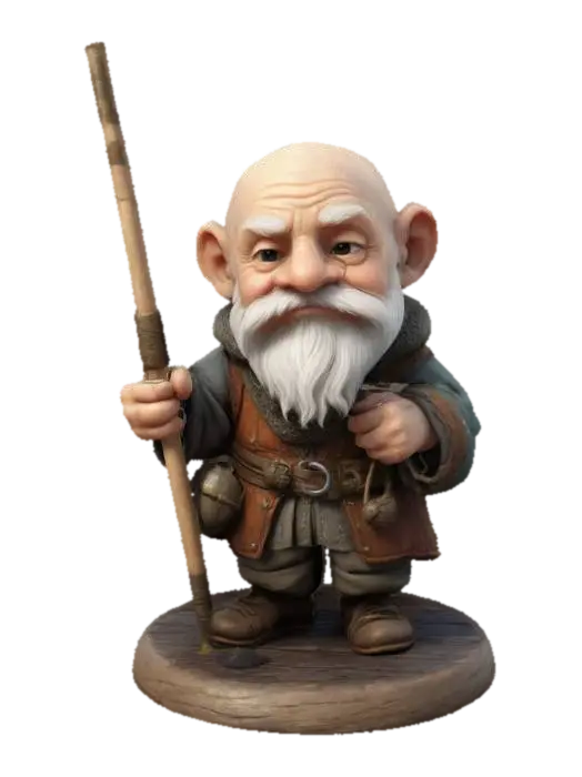 A old man wearing medieval clothing. Holding a fishing pole. Bald headed with a… 3D model, vytvořený pomocí AI