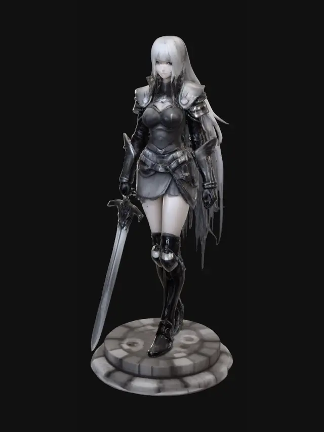 3D model for Descrição da personagem:
- Mulher guerreira estilo anime realista.
- Aparência de action figure/estátua colecionável.
- Armadura curta cobrindo o peito, ombreiras grandes, braceletes e botas de armadura.
- Barriga visível.
- Saia/armadura na cintura com detalhes rasgados e placas metálicas.
- Cabelo longo e volumoso fluindo para trás.- Mão esquerda apoiada na cintura.- Mão direita segurando um espadão reto, quase da altura da personagem, com a ponta apoiada no chão.- Espada reta, larga, estilo fantasia medieval, com guarda ornamentada.
- Base circular detalhada com pedras, ruínas e uma bandeira quebrada.
- Estilo monocromático cinza/resina, como peça pronta para impressão 3D.Requisitos técnicos:
- Modelo deve ser manifold/watertight.
- Preparado para impressão 3D.
- Altura total: 120