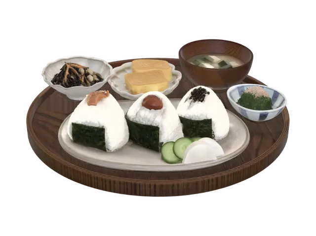 Onigiri Trio with Tamagoyaki and Miso Soup 3D model, vytvořený pomocí AI