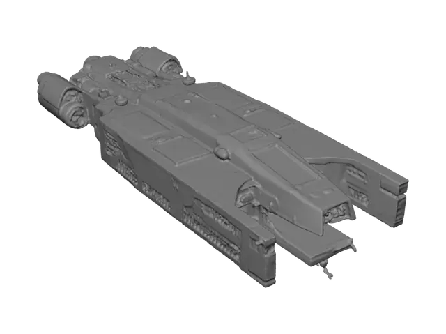 3D model for Jumpspace starship with rectangular design  one large engine at the back 
 turbo laser turrets  facing forward 
Missile pods