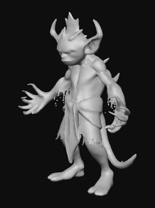 3D model for A humanoid goblin character in T-pose, game-ready 3D model. Height approximately 1.69 meters. Base goblin with elemental mutation traits. Subtle glowing energy cracks across the body (fire, ice, or lightning style). Small mana-like particle effects embedded in skin. Slight arcane distortion marks on limbs. Humanoid proportions unchanged. Neutral expression. No clothing, armor, or weapons. Clean topology, rigging-friendly, low-mid poly, PBR materials. Evolution-ready design.