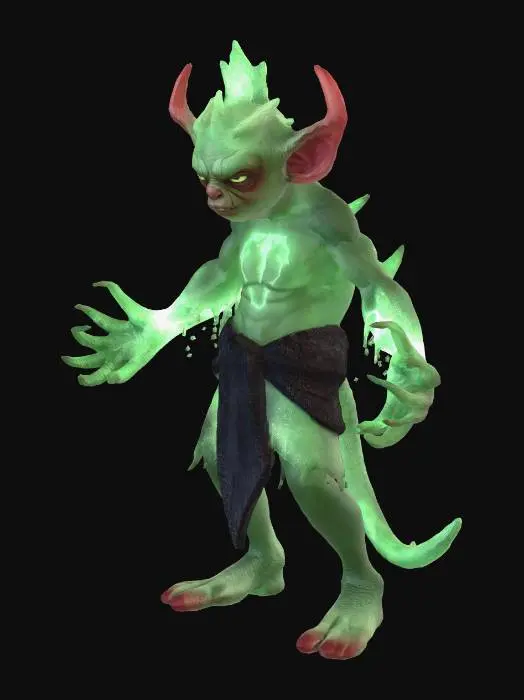 3D model for A humanoid goblin character in T-pose, game-ready 3D model. Height approximately 1.69 meters. Base goblin with elemental mutation traits. Subtle glowing energy cracks across the body (fire, ice, or lightning style). Small mana-like particle effects embedded in skin. Slight arcane distortion marks on limbs. Humanoid proportions unchanged. Neutral expression. No clothing, armor, or weapons. Clean topology, rigging-friendly, low-mid poly, PBR materials. Evolution-ready design.