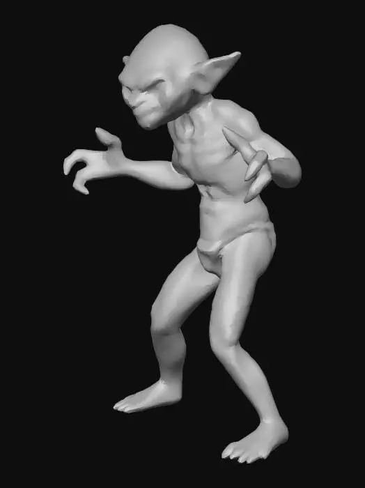 3D model for A humanoid goblin character in T-pose, game-ready 3D model. Height approximately 1.69 meters. Base goblin anatomy with subtle vampire evolution traits. Slightly pale skin tone, faint red veins under the skin, and soft crimson glow in the eyes. Teeth slightly sharper but still humanoid. Lean athletic body, fully compatible with animation rigs. Neutral expression. No clothing, armor, or weapons. Clean topology, rigging-friendly, low-mid poly, PBR materials. Evolution-ready design.