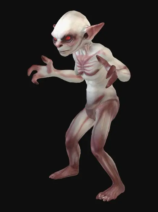 3D model for A humanoid goblin character in T-pose, game-ready 3D model. Height approximately 1.69 meters. Base goblin anatomy with subtle vampire evolution traits. Slightly pale skin tone, faint red veins under the skin, and soft crimson glow in the eyes. Teeth slightly sharper but still humanoid. Lean athletic body, fully compatible with animation rigs. Neutral expression. No clothing, armor, or weapons. Clean topology, rigging-friendly, low-mid poly, PBR materials. Evolution-ready design.