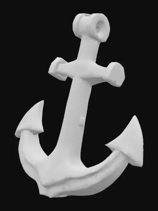 3D model for A large low-poly anchor made of dark, rusted metal, approximately 2 to 3 meters in size. It rapidly drops from above the water surface, creating bubbles and a splash effect. The anchor appears heavy and impactful. After landing, it remains fixed on the sea floor. Designed to signal the arrival of a massive ship in a 3D mobile game environment.