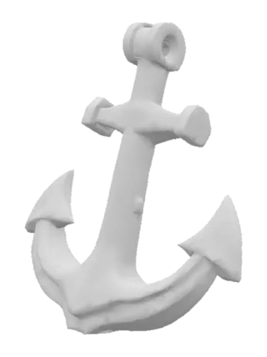 3D model for A large low-poly anchor made of dark, rusted metal, approximately 2 to 3 meters in size. It rapidly drops from above the water surface, creating bubbles and a splash effect. The anchor appears heavy and impactful. After landing, it remains fixed on the sea floor. Designed to signal the arrival of a massive ship in a 3D mobile game environment.
